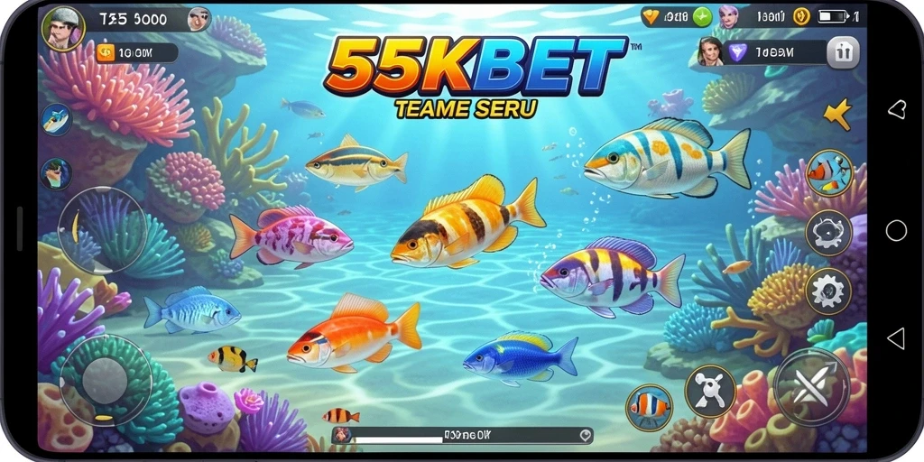 Screenshot utama 55KBET menampilkan gameplay menembak ikan yang seru.
