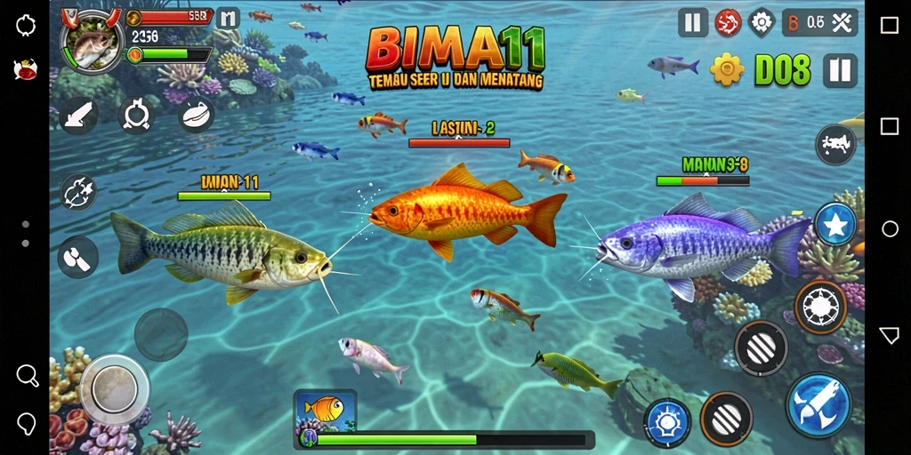 Tangkapan layar gameplay BIMA11 menampilkan aksi seru berburu ikan.