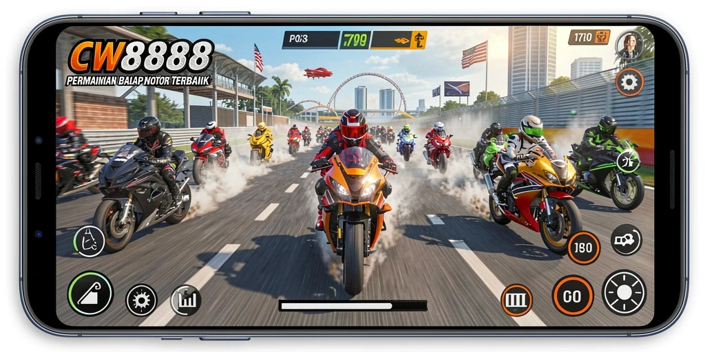 Screenshot gameplay <strong>CW8888</strong> menampilkan aksi balapan motor yang seru dan menantang.